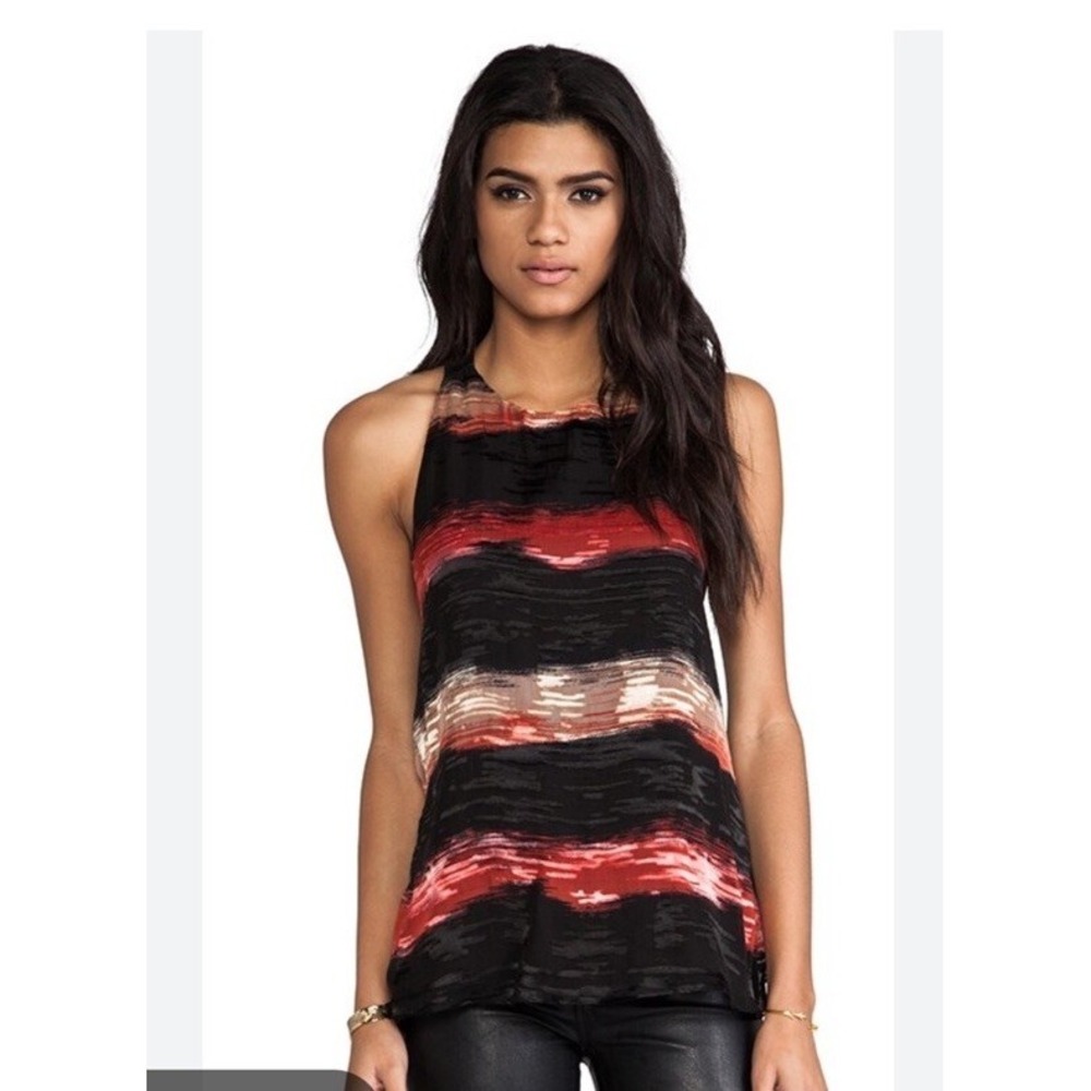 alice + olivia NWOT Sleeveless Tank Top Leather Trim Black Red Pink Stripe S